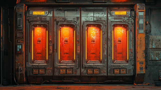Futuristic sci-fi cryopod chambers glowing with vibrant orange light in an industrial sci-fi setting