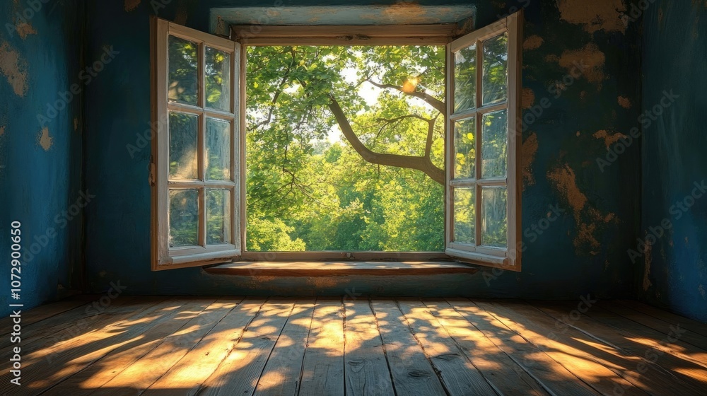 Poster sunlight shines through an open window, casting tree shadows on a wooden floor. perfect for creating
