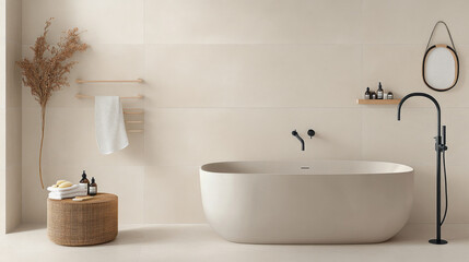Fototapeta premium A modern bathroom featuring sleek freestanding bathtub, minimalist decor, and natural elements. warm tones and elegant design create serene and inviting atmosphere