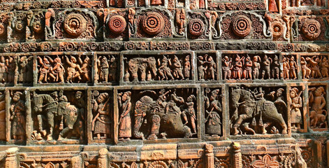 Popular terracotta art portraying hindu mythological stories on Kantajew temple in Bangladesh.Commonly known as Kantaji Temple,is a late-medieval Hindu temple.