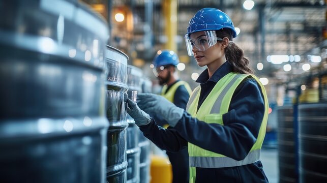 Workers wearing protective gear inspecting chemicals in large storage containers ensuring safety and quality in a chemical manufacturing facility