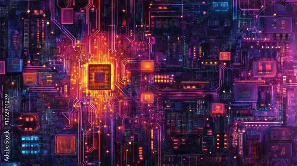 Poster abstract illustration of a glowing central processing unit with neon coloured circuitry.