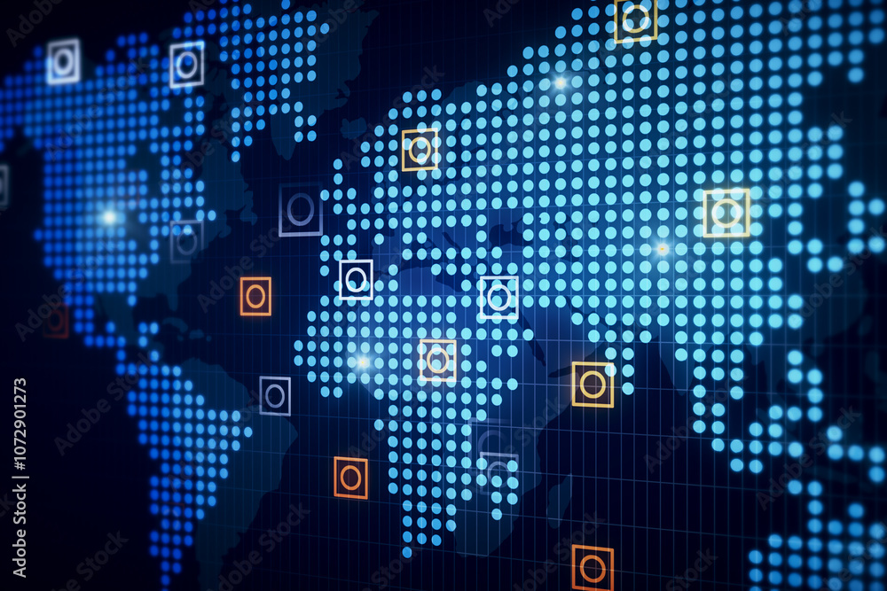 Aufkleber perspective view on glowing digital world map with bright circles in squares on dark blue background