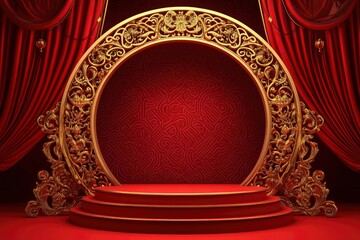 3d Chinese red podium stage with golden ornament arch and gold lattice. Realistic vector pedestal with curtains, round ornate arc adorned with intricate patterns. with generative ai