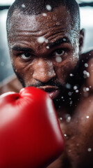 Intense boxer training indoors, focused expression, droplets of sweat flying, wearing red gloves, captured during a rapid punching sequence