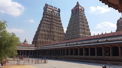 The historic architecture of the Meenakshi Temple in Madurai, showcasing the intricate gopuram and vibrant sculptures depicting Hindu deities