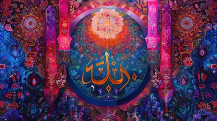 Colorful abstract artwork with Arabic calligraphy and intricate floral patterns.