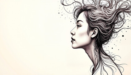 Intricate profile illustration of a woman with flowing hair and artistic line work, mental self-care theme, copy space
