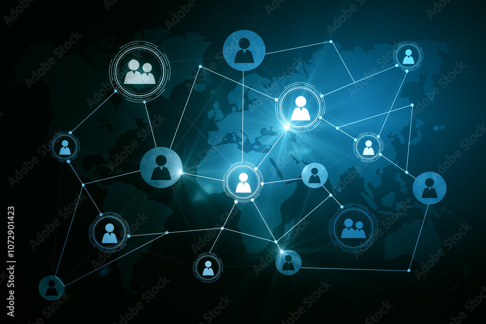 Poster Global social network concept with digital graphic user symbols connected by lines on blue world map background. 3D rendering