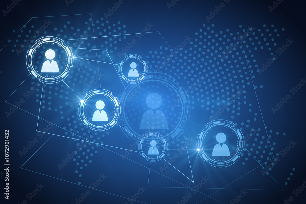 Poster Global hiring and remote job concept with white digital user symbols connected between each other on abstract dark blue background with dotted world map. 3D rendering