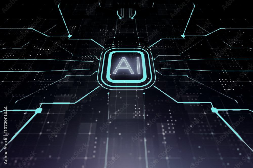 Poster Futuristic technologies and artificial intelligence concept with digital AI button releasing blue circuit lines on dark technological background. 3D rendering