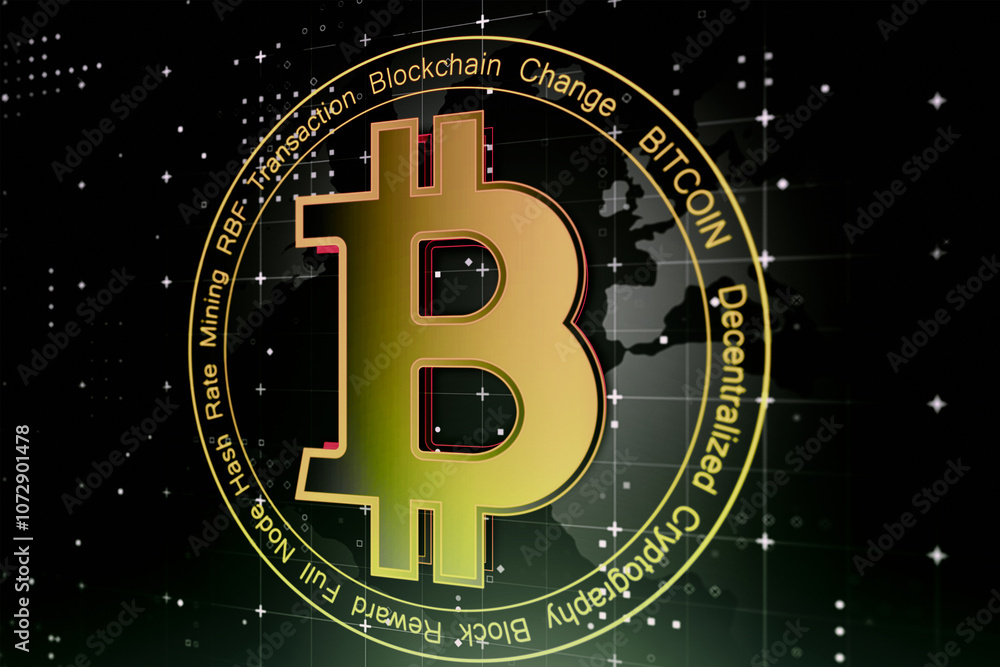 Poster Digital exchange and crypto currency concept with perspective view on golden bitcoin icon on dark technological background. 3D rendering