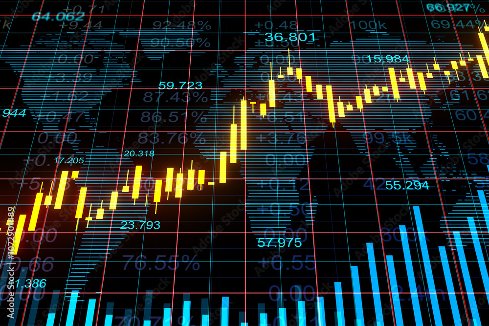 Poster forex exchange and stock market growth concept with front view on trading chart with digital financi