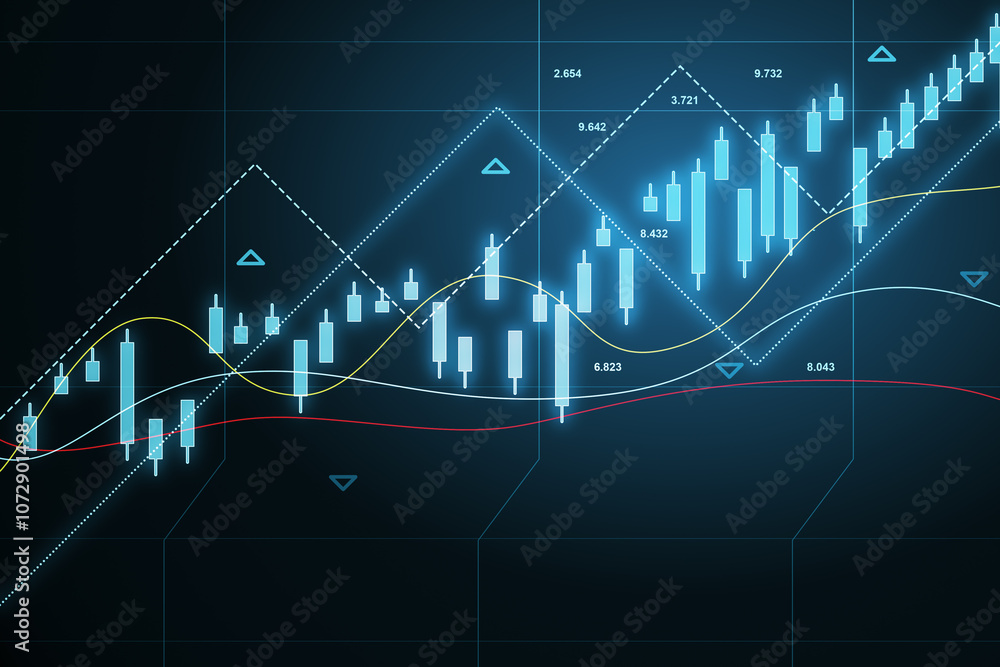Aufkleber Market growth concept with bright glowing digital rising candlestick and diagram on dark technological background. 3D rendering