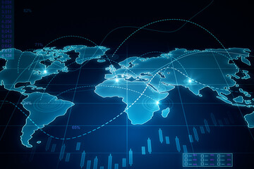 Global trading concept with glowing digital graphic world map covered by lines and stock market...