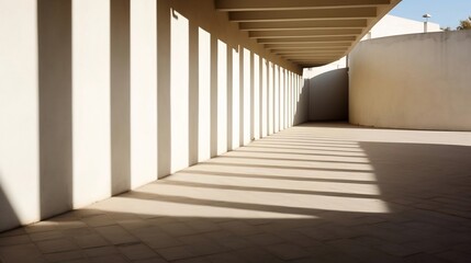 Serene Architectural Corridor with Dramatic Shadows in a Modern City Setting