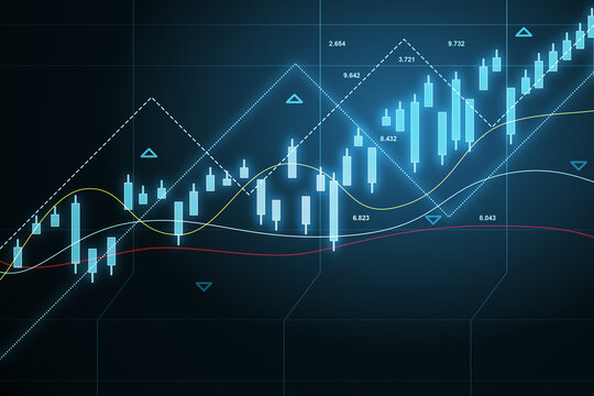 Market growth concept with bright glowing digital rising candlestick and diagram on dark technological background. 3D rendering