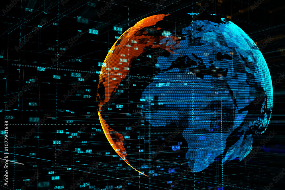Poster Global network connection and big data concept with digital data indicators projected on digital world map globe on dark background. 3D rendering