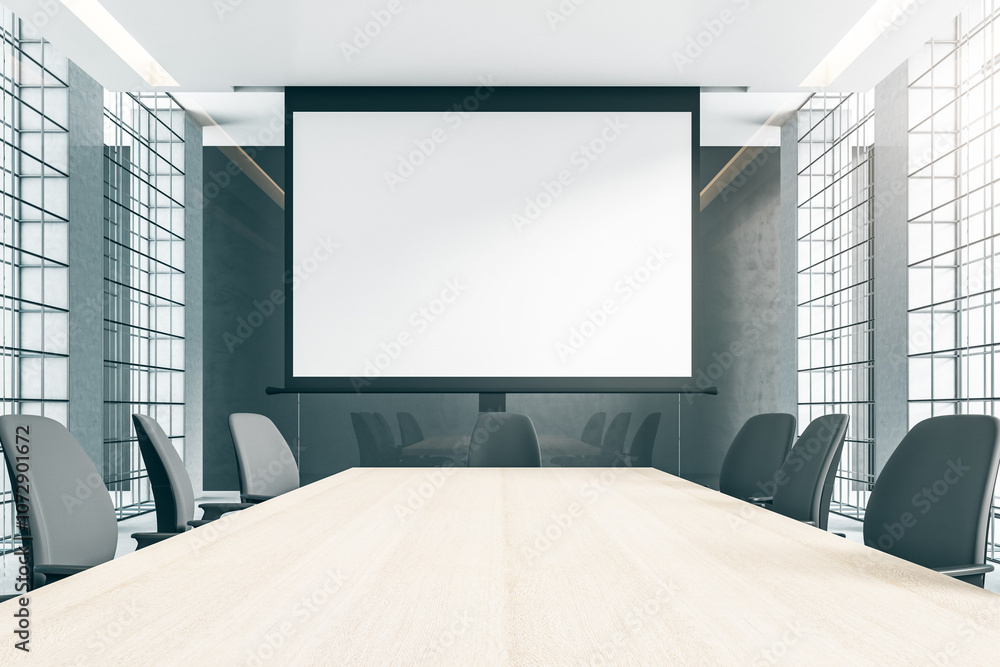 Poster front view on blank white screen with copyspace for your text or logo in modern boardroom with woode