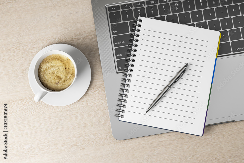 Poster Top view on notebook linen page with pen on laptop keyboard and white coffee cup on light wooden surface. 3D rendering