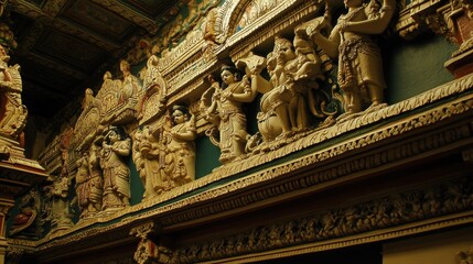 The grandeur of the Meenakshi Temple's golden tower at dusk, beautifully illuminated and adorned with intricate sculptures depicting Hindu mythology
