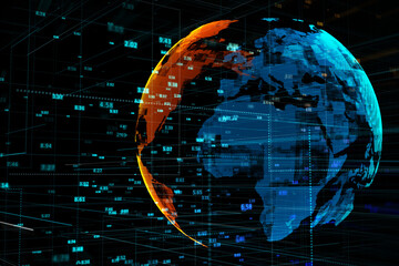 Global network connection and big data concept with digital data indicators projected on digital world map globe on dark background. 3D rendering