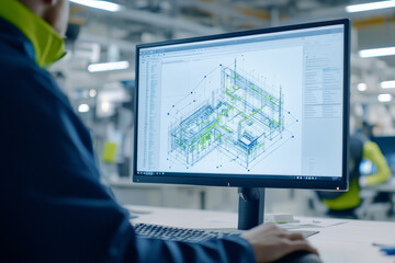 Naklejka premium A person working on computer displays detailed architectural design in modern workspace. vibrant blueprints showcase intricate structures and layouts, reflecting high tech environment