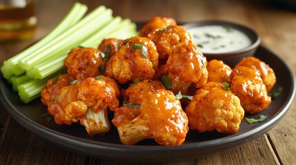 Fototapeta premium Spicy Buffalo Cauliflower Wings with Ranch and Celery Sticks