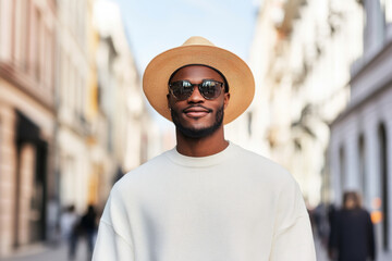 Obraz premium Stylish man wearing sunglasses and straw hat, smiling confidently in vibrant city street. warm sunlight enhances cheerful atmosphere of scene