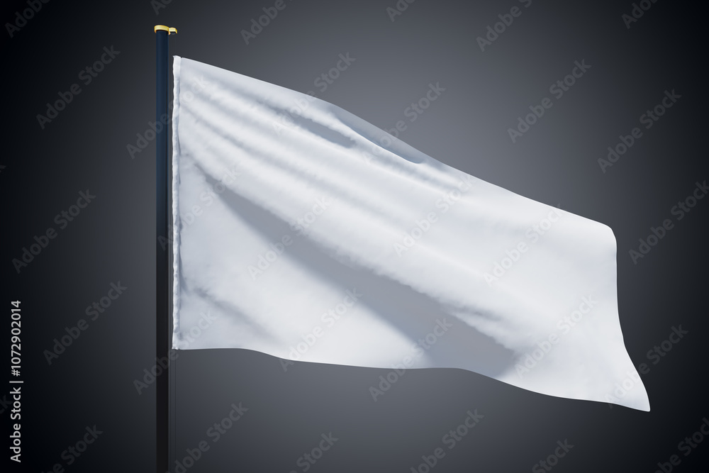 Poster blank white flag waving in the wind with copyspace for your logo or text isolated on dark grey backg
