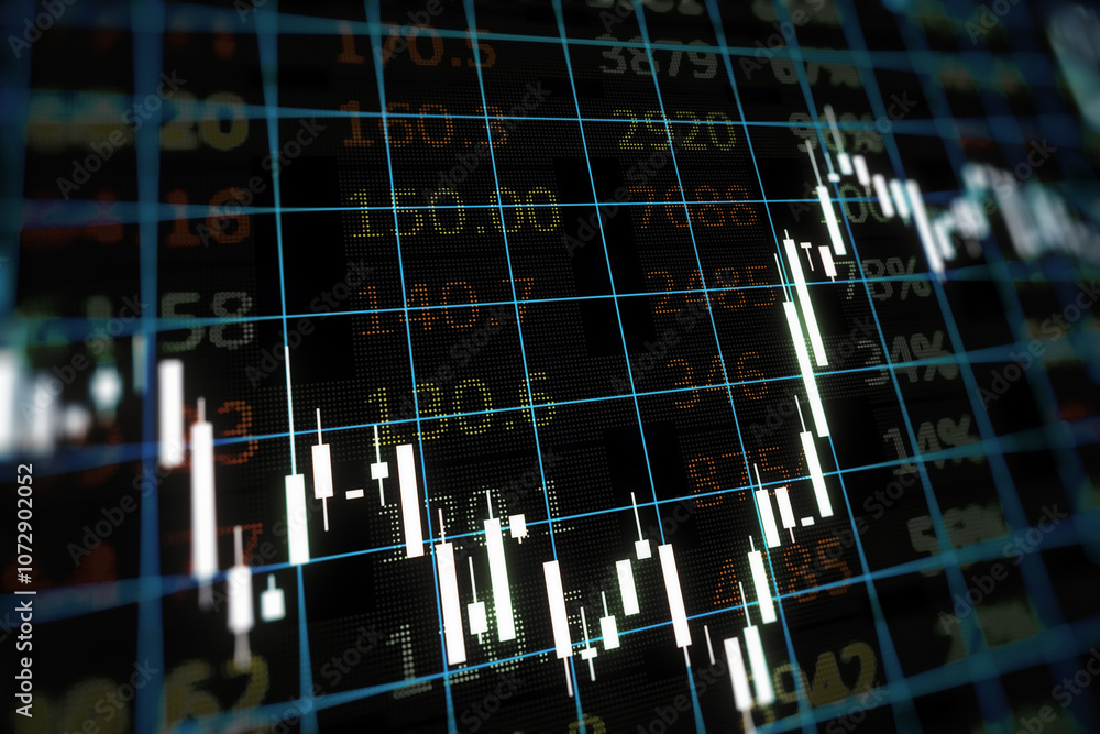 Poster financial stats and trading concept with perspective view on digital glowing growing candlestick on 