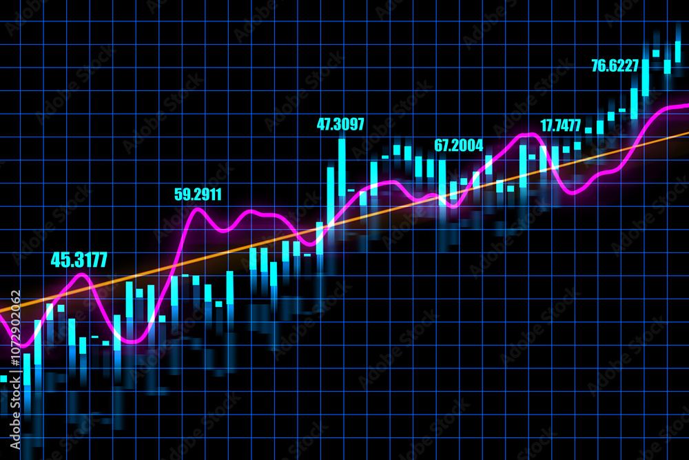 Poster trading and investing concept with growing financial chart glowing digital candlestick and diagram o