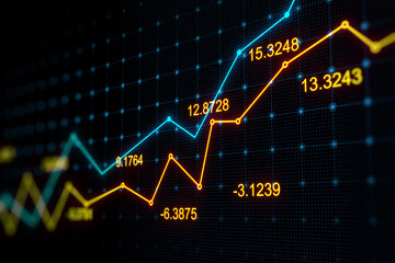 Stock market growth concept with rising up digital yellow and blue financial chat graphs with indicators on dark technological background. 3D rendering