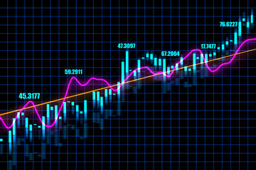 Trading and investing concept with growing financial chart glowing digital candlestick and diagram on abstract dark background. 3D rendering