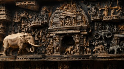 The intricately carved walls of the Shore Temple in Mahabalipuram, showcasing scenes from Hindu mythology against the backdrop of the ocean