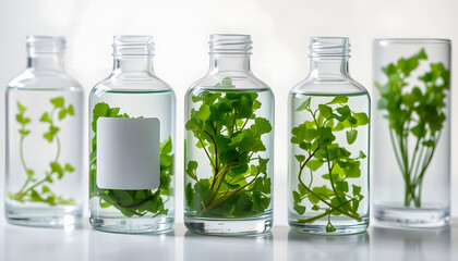 A set of transparent glassware filled with green seaweed and water. Cosmetic bottle in pastel color with empty label is featured. Research science content isolated with white highlights, png