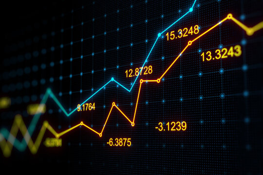 Stock market growth concept with rising up digital yellow and blue financial chat graphs with indicators on dark technological background. 3D rendering