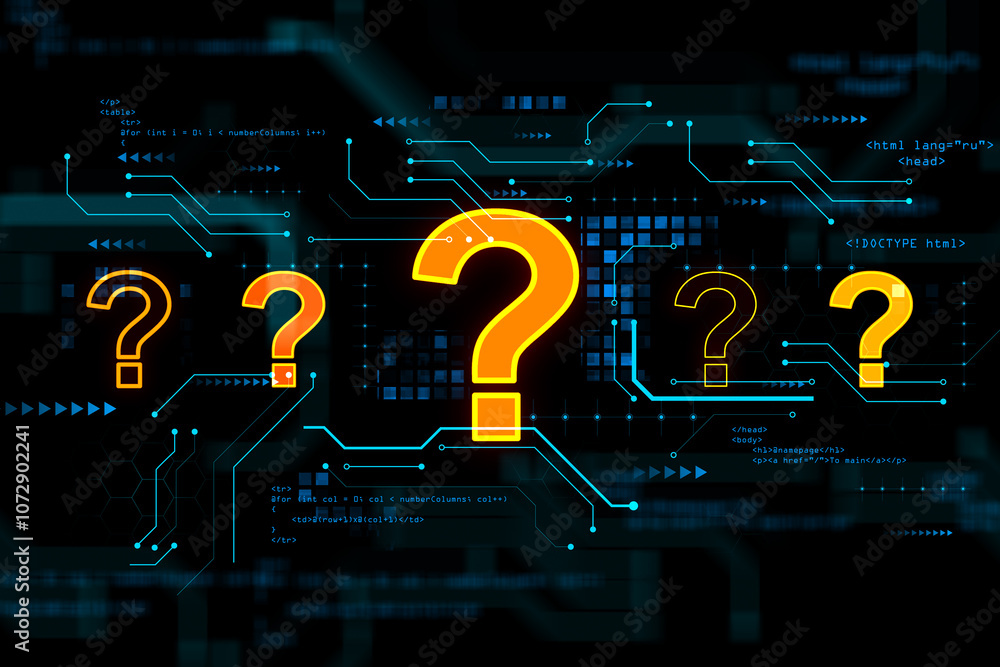 Fototapete Abstract technology background with microcircuit, binary code and yellow digital glowing question marks. 3D rendering