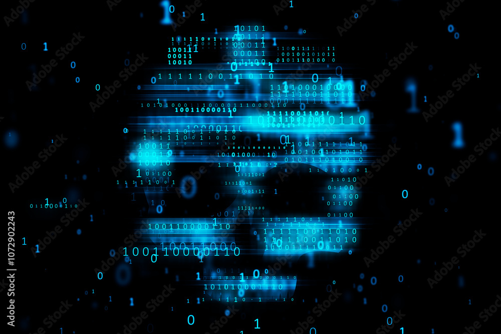 Fototapete Internet security, virus, big data hacking and malware concept with blurred blue binary code in form of skull symbol on dark background. 3D rendering