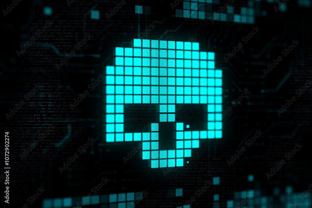 Aufkleber Hacker attack, virus and network ddos concept with pixel digital blue skull sign on dark background. 3D rendering