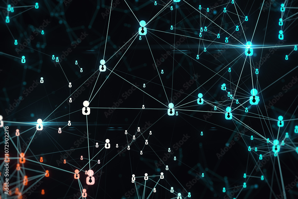 Poster Social network connection concept with bright illuminated digital user icons connected by lines on dark background. 3D rendering
