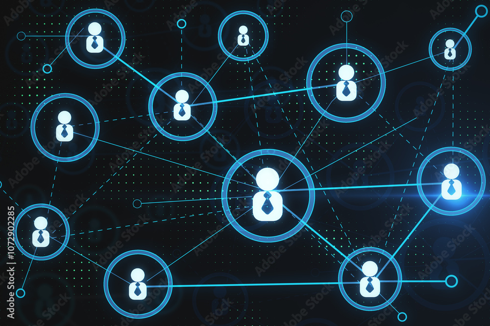 Poster Social media network connection concept with front view on digital user icons in circle connected by lines on dark background. 3D rendering