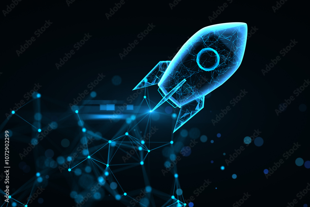 Aufkleber Startup business and launch project concept with digital glowing blue rocket on dark background with blurred dots. 3D rendering