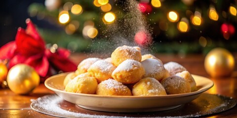 A plate of golden-brown pastries dusted with powdered sugar, the festive lights of the season sparkling in the background.