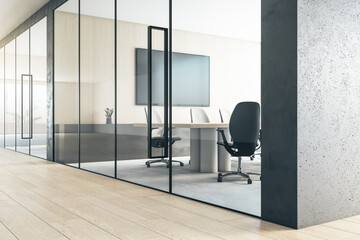 Perspective view on stylish meeting room behind glass door with modern conference table surrounded...