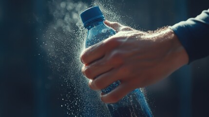 A person holds a water bottle, droplets of water splash around, showcasing hydration and energy during an outdoor activity.