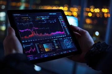 A person observes financial data on a tablet, showcasing vibrant graphs against a blurred city night backdrop.