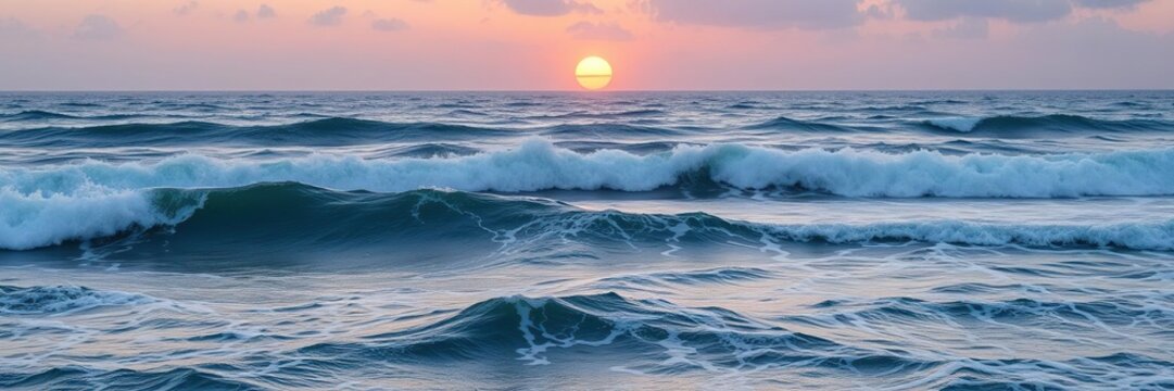 Sunrise over vast ocean with rolling waves creating a sense of movement and energy, natural, clouds