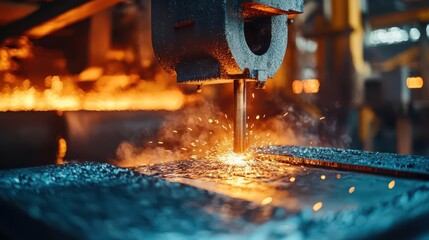 A close-up view of molten metal being processed in a modern industrial factory