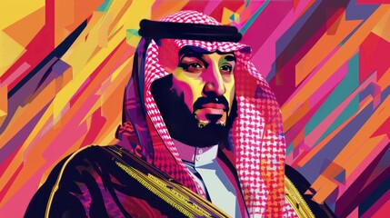 Fototapeta premium Colorful geometric portrait of a man with a beard and head covering.